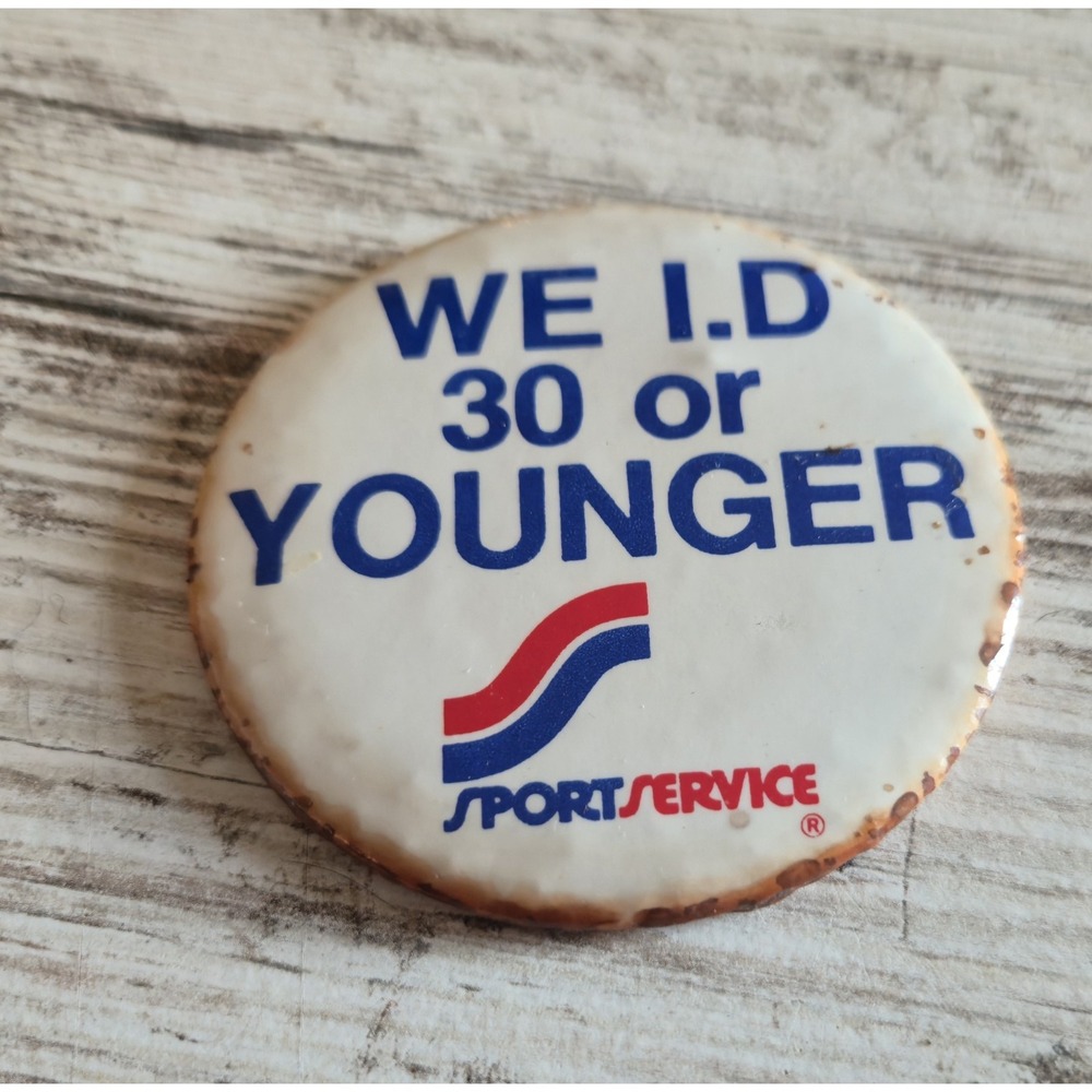 Vintage Sportservice We ID 30 or Younger Pinback Button Stadium Concession Badge